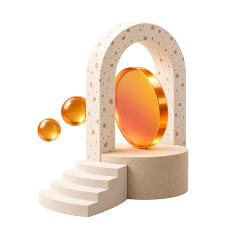 An orange coin passing through a stone arch