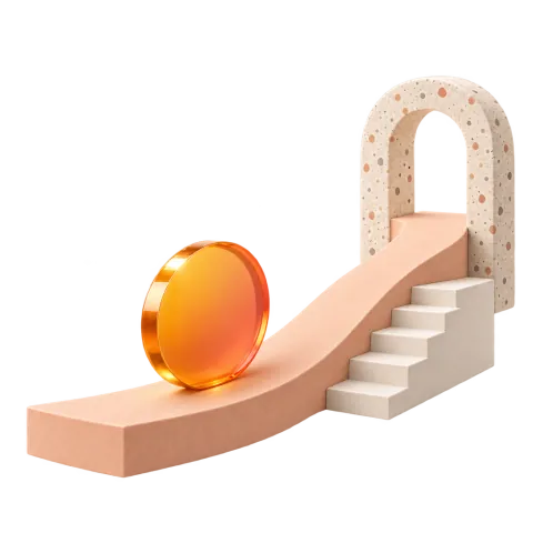 An orange coin rolling along a ramp toward an arch
