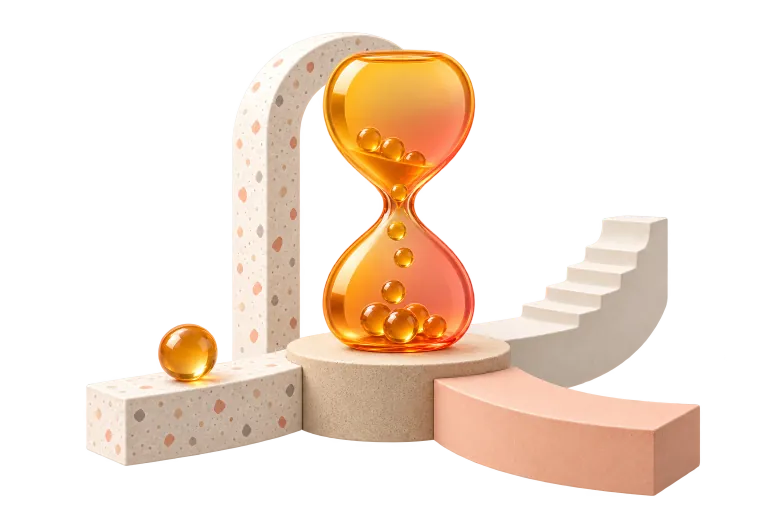 An hourglass of translucent amber acrylic with small spheres falling through it