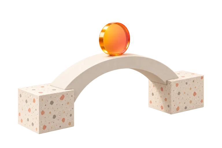 A plaster bridge connecting two terrazzo blocks, with an orange coin crossing it