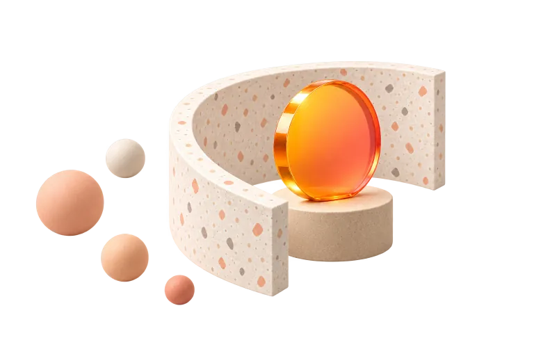 Eine geschwungene Terrazzo-Mauer schirmt eine orange Münze gegen kleine, verstreute Kugeln ab