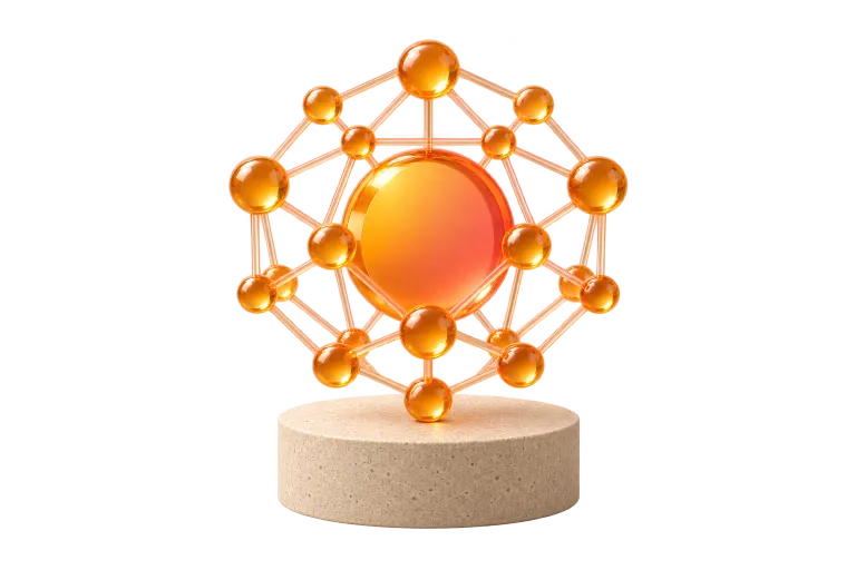 Una red de pequeñas esferas ámbar unidas por finas varillas de acrílico alrededor de una esfera naranja luminosa