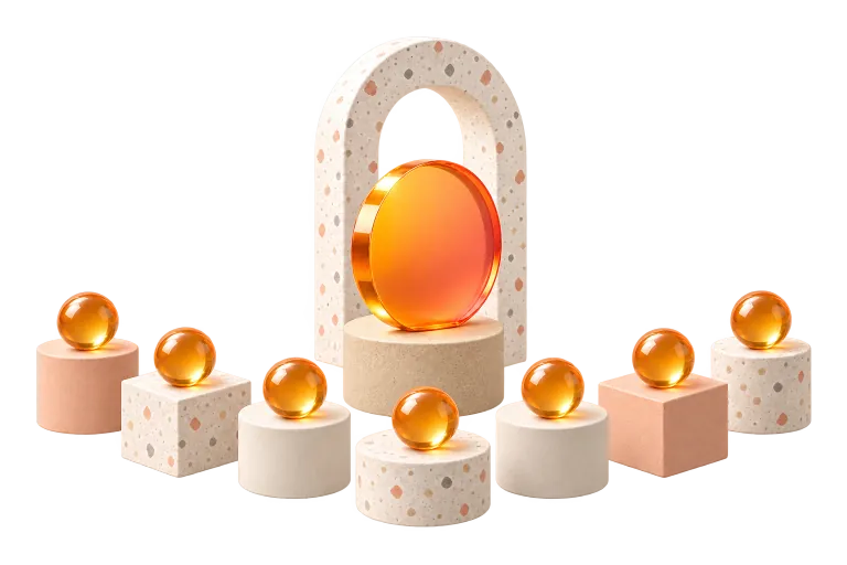Pequeños pedestales, cada uno con una esfera luminosa, dispuestos en arco alrededor de un arco central