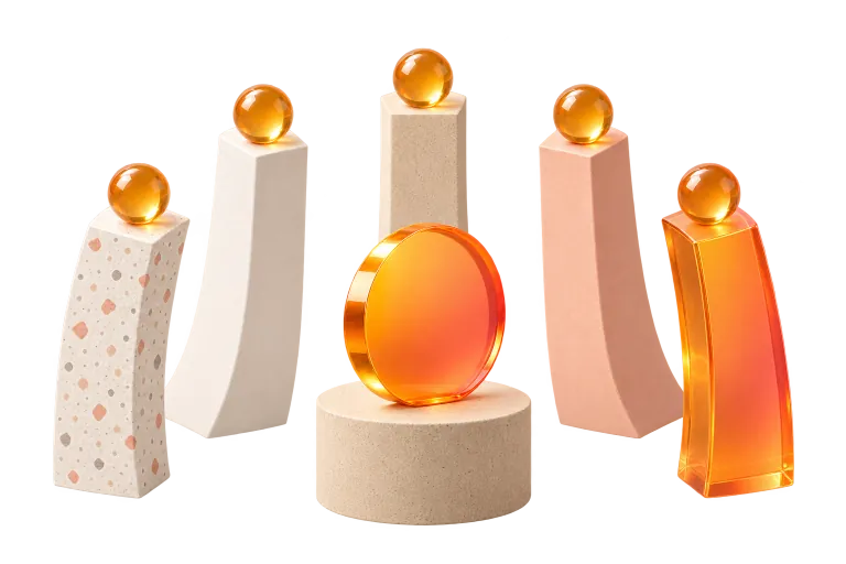 Several slender pillars of different materials feeding light into one central plinth