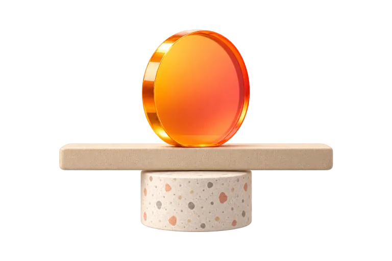 A glossy orange coin balanced perfectly level on a slim stone beam resting on a round plinth