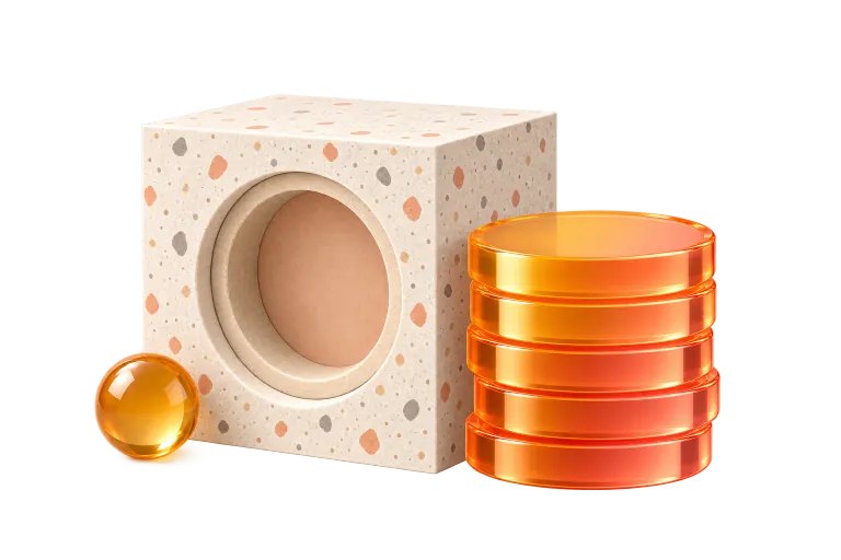 A stack of translucent orange coins beside a solid terrazzo block with a round vault-like opening