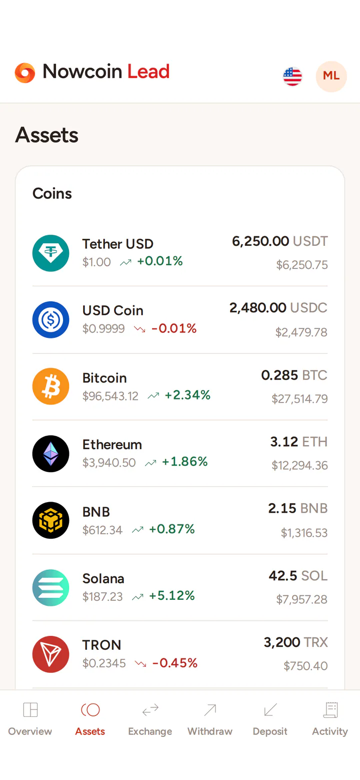 The Assets page: each coin with its price, the day's change and the amount held.