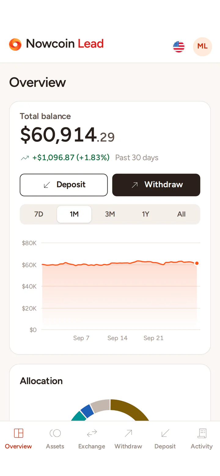 The overview on a phone: the total balance and its chart for the past month.