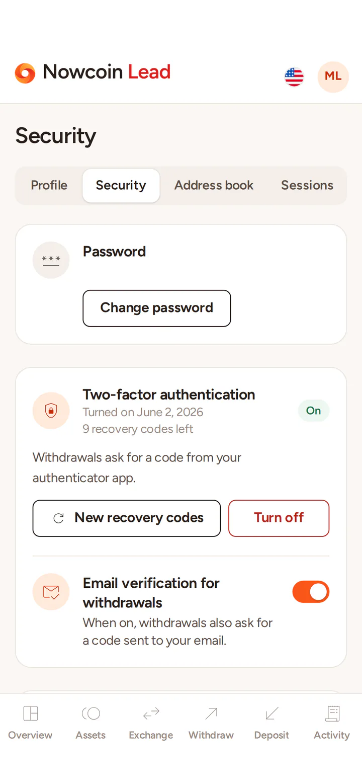Security settings: the password, two-factor authentication turned on, and email codes.